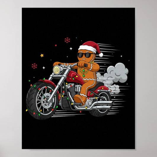 Funny Christmas Gingerbread Man Biker Riding A Mot Poster (Voorkant)