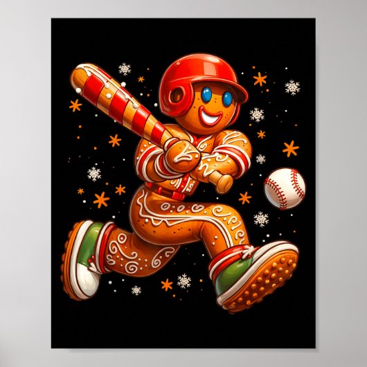 Funny Christmas Gingerbread Man Playing Baseball C Poster (Voorkant)