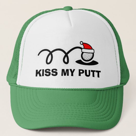 Funny Christmas golf hat | Kiss my putt Trucker Pet (Voorkant)