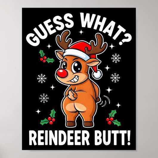 Funny Christmas Guess What Reindeer Butt Santa Hat Poster (Voorkant)
