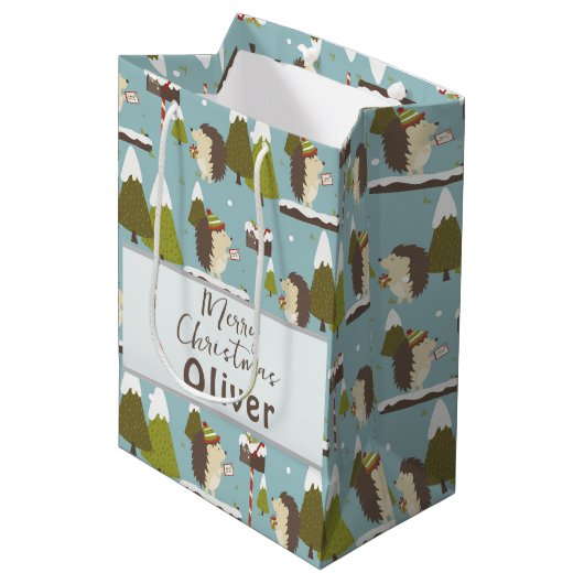 Funny Christmas Hedgehogs Kinder naam Medium Cadeauzakje (Voorkant Gekanteld)