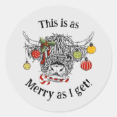 Funny Christmas Highland Cow Ronde Sticker (Voorkant)