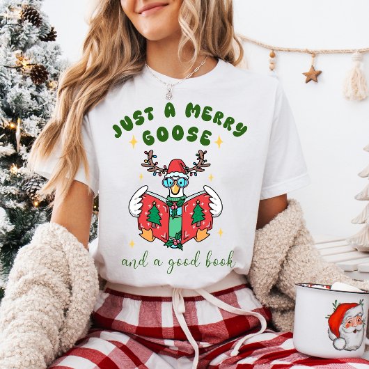 Funny Christmas Just a Merry Goose and a Good Book T-shirt