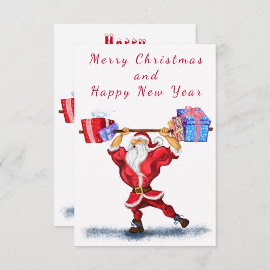 Funny Christmas Kaart Bodybuilder Santa met Cadeau (Voorkant / Achterkant)