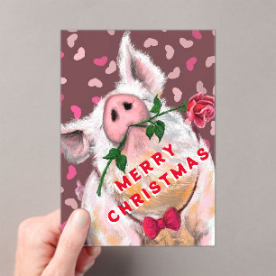 Funny Christmas Kaart Gentleman Pig met Roos Acryl Uitnodigingen