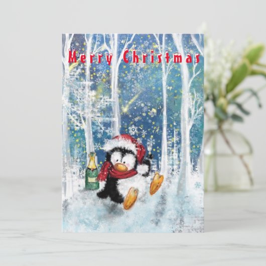 Funny Christmas Kaart Happy Party Penguin (Staand voorkant)