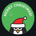 Funny Christmas pinguïn van en naar stickers<br><div class="desc">Funny Christmas pinguïn van en naar stickers. Schattigeste cartoon vogelontwerp met poolvogel die het pet van de Kerstman draagt. Personaliseer met aangepaste naam en vakantiegroet. Handige label afdichtingen voor kinderen Xmas cadeaus. Geschikt voor jongens en meisjes.</div>