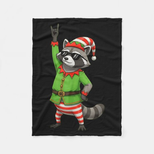 Funny Christmas Raccoon Dressed As Elf With Sungle Fleece Deken (Voorkant)
