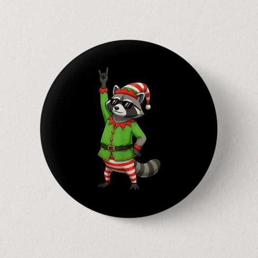 Funny Christmas Raccoon Dressed As Elf With Sungle Ronde Button 5,7 Cm (Voorkant)