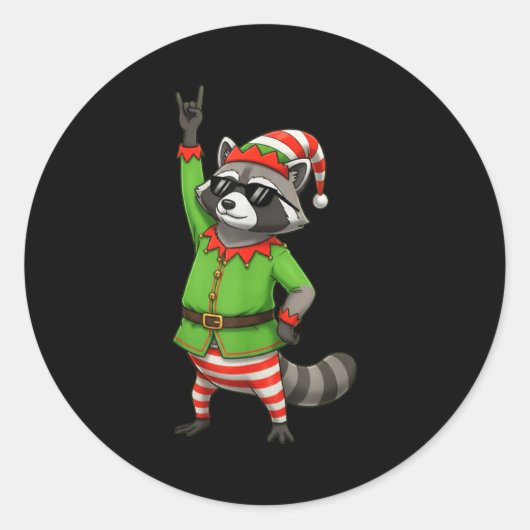 Funny Christmas Raccoon Dressed As Elf With Sungle Ronde Sticker (Voorkant)