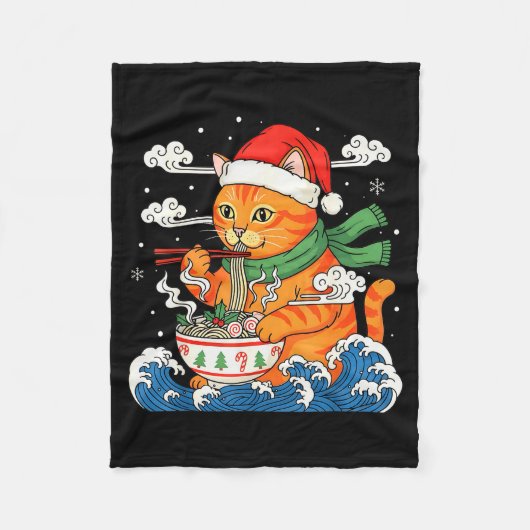 Funny Christmas Ramen Cat Eating Noodles Japanese Fleece Deken (Voorkant)