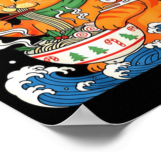 Funny Christmas Ramen Cat Eating Noodles Japanese  Poster (Hoek)