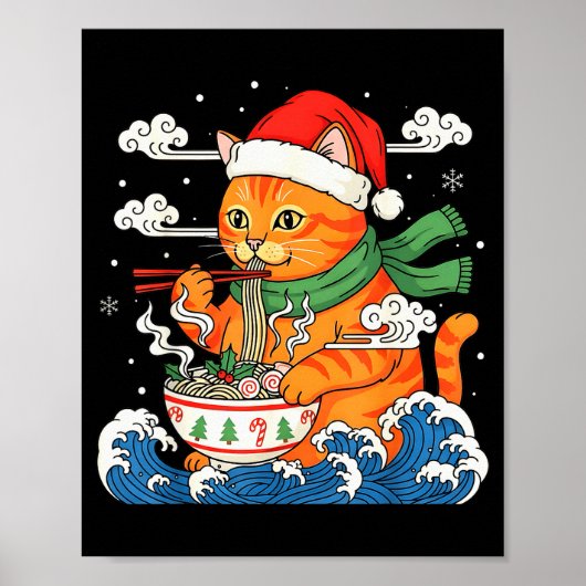 Funny Christmas Ramen Cat Eating Noodles Japanese  Poster (Voorkant)