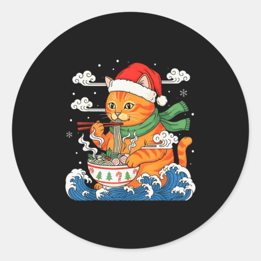 Funny Christmas Ramen Cat Eating Noodles Japanese  Ronde Sticker (Voorkant)