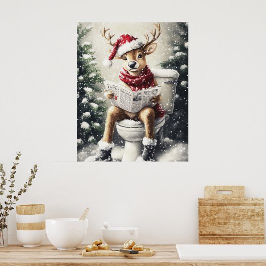 Funny Christmas Reindeer Reading on the Toilet Poster (Keuken)