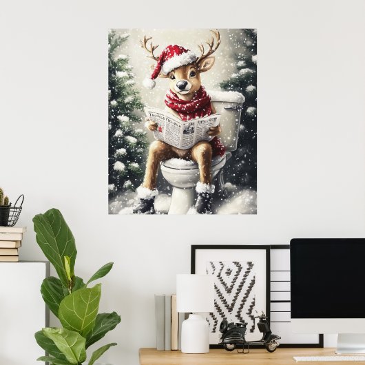 Funny Christmas Reindeer Reading on the Toilet Poster (Thuiskantoor)