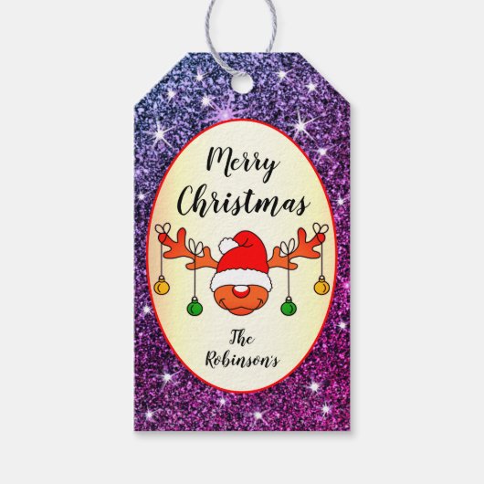 Funny Christmas Rudolph rendieren Paarse glitter Cadeaulabel (Voorkant)
