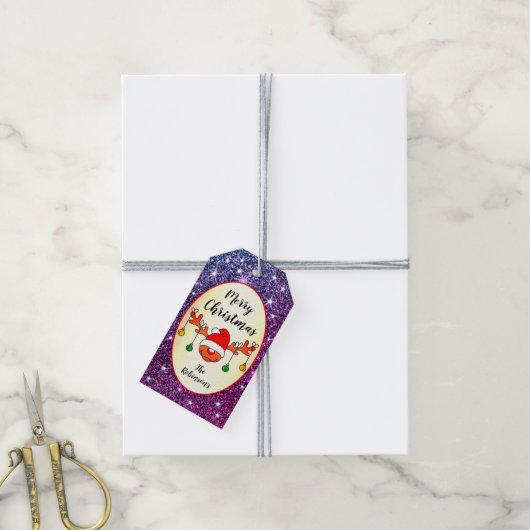 Funny Christmas Rudolph rendieren Paarse glitter Cadeaulabel (Met Touw)