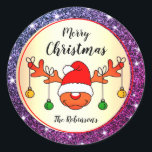 Funny Christmas Rudolph rendieren Paarse glitter Ronde Sticker<br><div class="desc">Zaubershirts Design - Een schattig vrolijk kerstontwerp met een grappige Rudolph rendier cartoon met paarse faux glitter sprankelende sterren op een gouden effect achtergrond. Pas deze X-Mas stickers eenvoudig aan naar jouw naam of tekst. Voor extra maatwerk laat je me hieronder eenvoudig een bericht achter. Ik zou graag willen dat...</div>