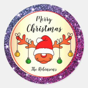 Funny Christmas Rudolph rendieren Paarse glitter Ronde Sticker