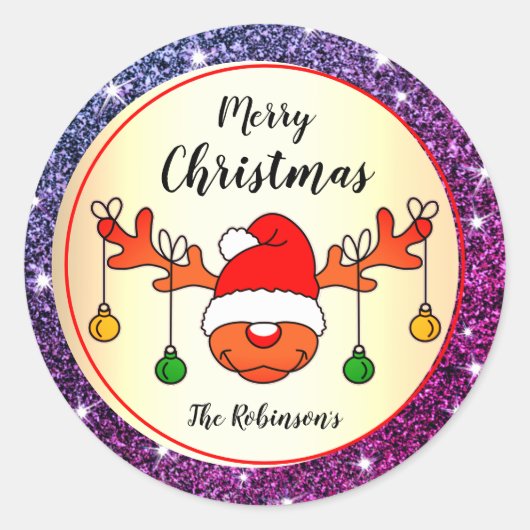 Funny Christmas Rudolph rendieren Paarse glitter Ronde Sticker (Voorkant)