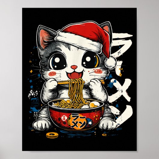 Funny Christmas Santa Cat Ramen Japanese Kawaii An Poster (Voorkant)