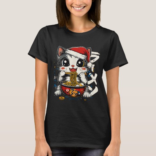 Funny Christmas Santa Cat Ramen Japanese Kawaii An T-shirt (Voorkant)