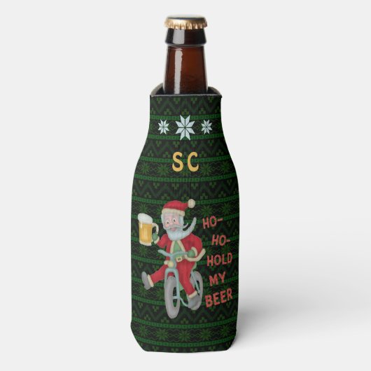 Funny Christmas Santa Claus Bier Humor Monogrammed Flesjeskoeler (Fles Voorkant)