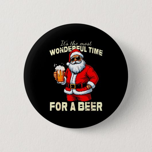 Funny Christmas Santa Drinking Beer Wonderful Time Ronde Button 5,7 Cm (Voorkant)