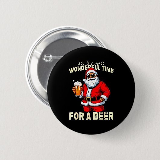 Funny Christmas Santa Drinking Beer Wonderful Time Ronde Button 5,7 Cm (Voorkant /achterkant)