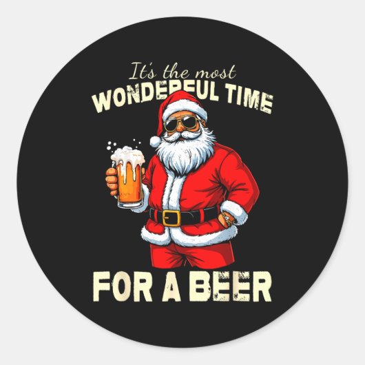 Funny Christmas Santa Drinking Beer Wonderful Time Ronde Sticker (Voorkant)