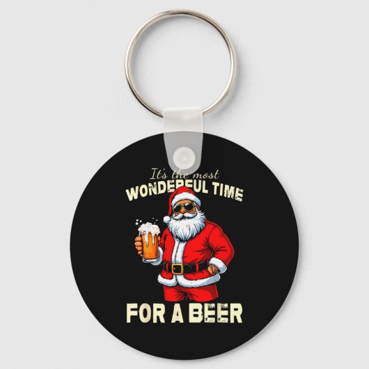 Funny Christmas Santa Drinking Beer Wonderful Time Sleutelhanger (Voorkant)