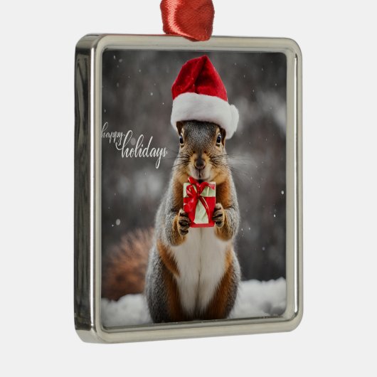 Funny Christmas Santa Eekhoorn met Cadeau Metalen Ornament (Rechts)
