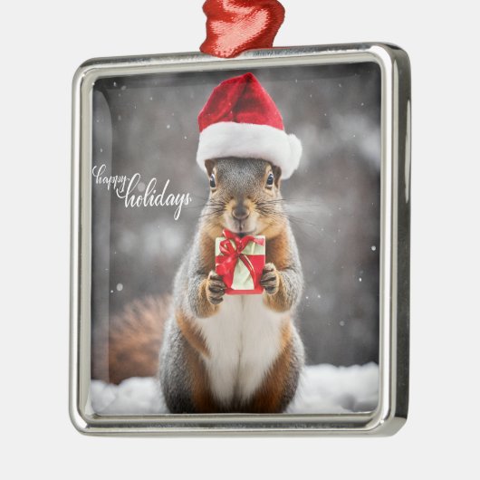 Funny Christmas Santa Eekhoorn met Cadeau Metalen Ornament (Links)