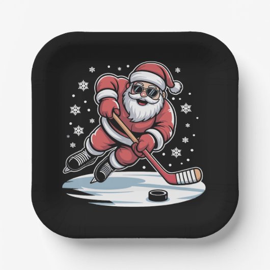 Funny Christmas Santa Playing Ice Hockey Xmas  Papieren Bordje (Voorkant)