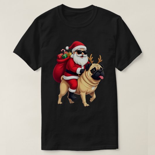 Funny Christmas Santa Riding Pug T-shirt (Design voorkant)