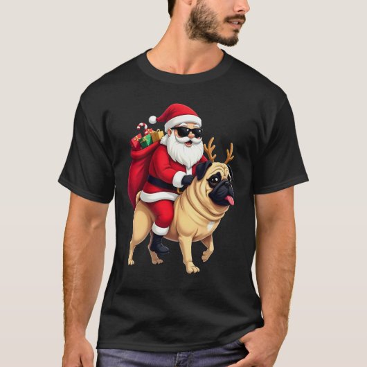 Funny Christmas Santa Riding Pug T-shirt (Voorkant)