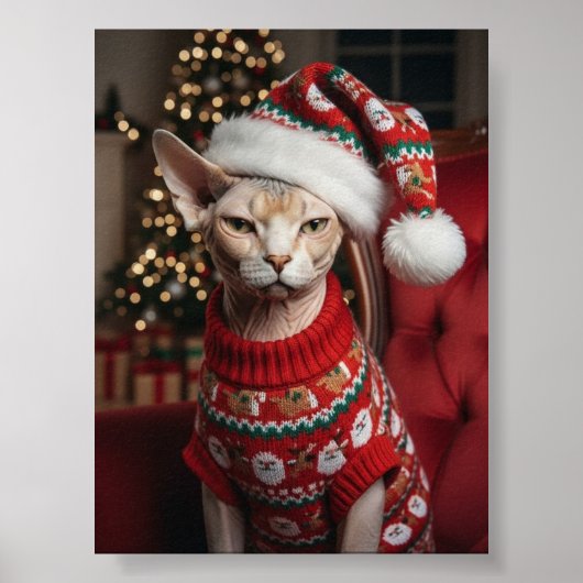 Funny Christmas Santa Sphynx Cat in Sweater Poster (Voorkant)