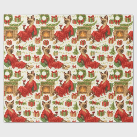 Funny Christmas Siamese Cat Pattern Holiday Chaos Cadeaupapier (Vlak)