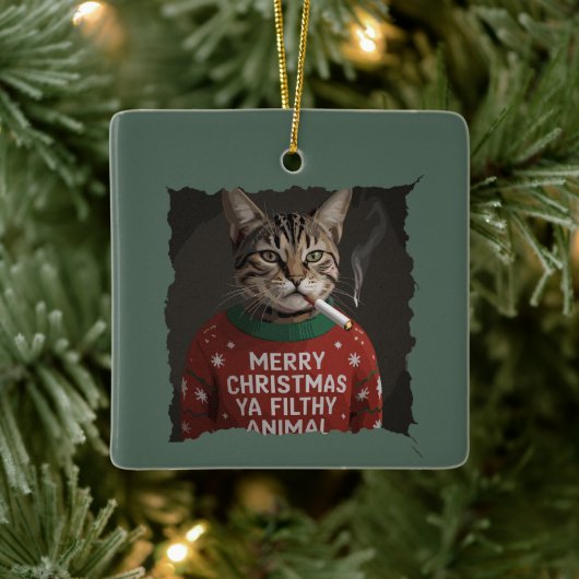 Funny Christmas Smoking Cat Sarcastic Holiday Meme Keramisch Ornament (Boom)