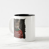 Funny Christmas Smoking Cat Sarcastic Holiday Meme Tweekleurige Koffiemok (Voorkant links)