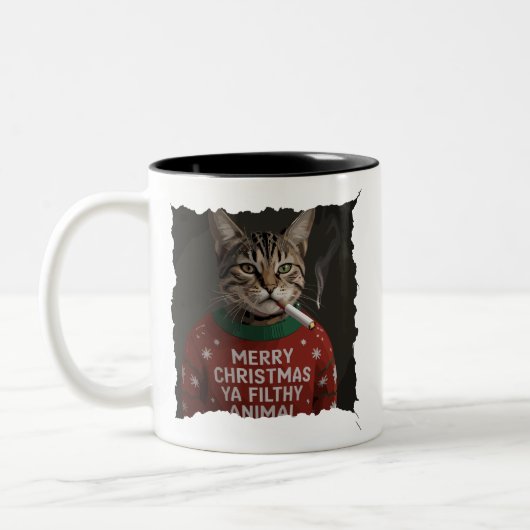 Funny Christmas Smoking Cat Sarcastic Holiday Meme Tweekleurige Koffiemok (Links)
