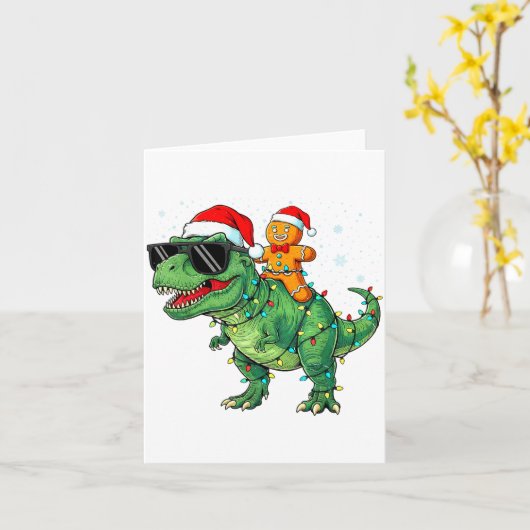 Funny Christmas T Rex Dinosaur Gingerbread Lights Kaart (Gele Bloem)