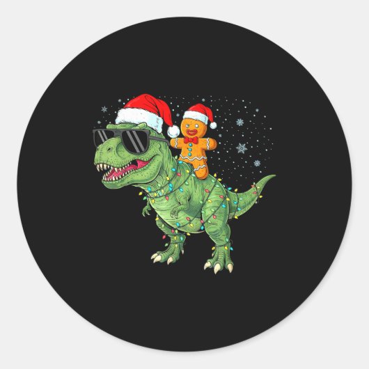 Funny Christmas T Rex Dinosaur Gingerbread Lights Ronde Sticker (Voorkant)