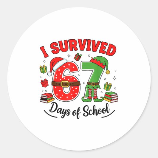 Funny Christmas Teacher Santa I Survived 67 Days O Ronde Sticker (Voorkant)