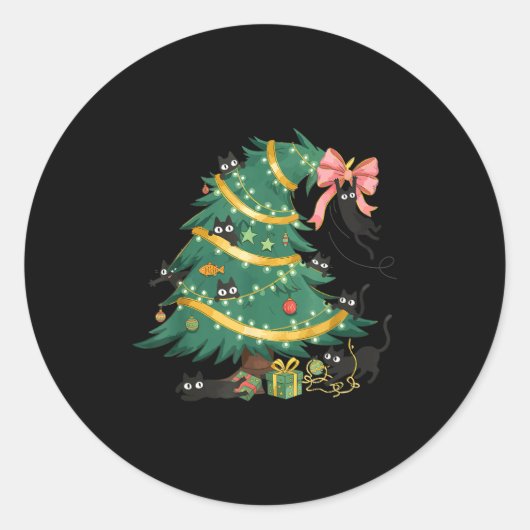 Funny Christmas Tree Cute Black Cat Matching Famil Ronde Sticker (Voorkant)