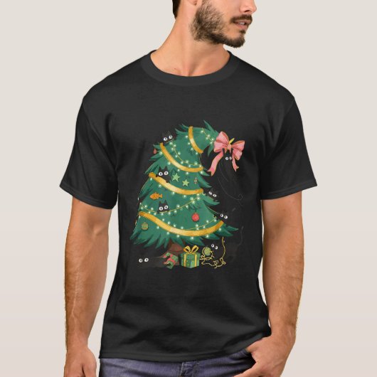 Funny Christmas Tree Cute Black Cat Matching Famil T-shirt (Voorkant)