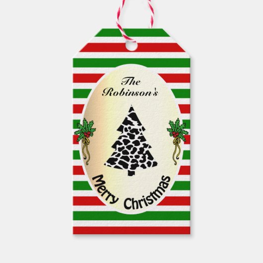 Funny Christmas Tree met Koe Vlekken Rood en Groen Cadeaulabel (Voorkant)