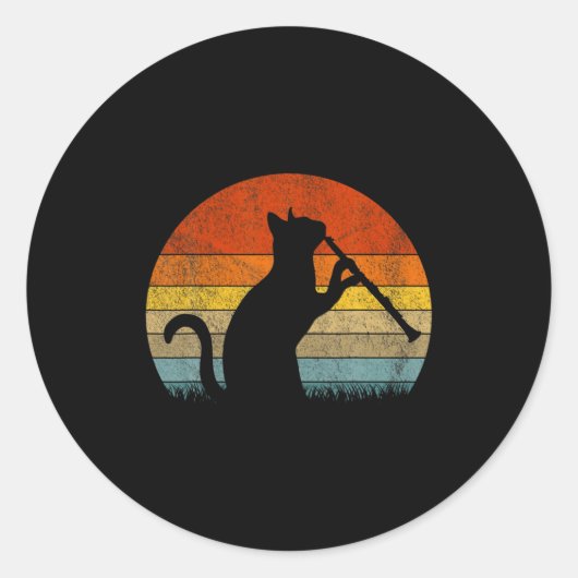 Funny Clarinet Cat Clarinet Player Musician Retro  Ronde Sticker (Voorkant)