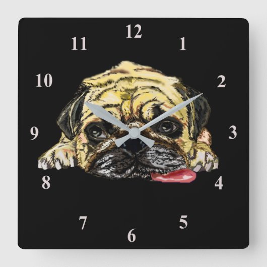Funny Clock met Pug Dog - Aangepaste kleuren Vierkante Klok (Voorkant)